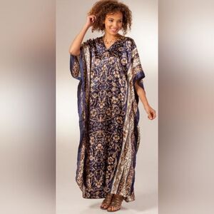 80's gold and blue floral and leopard print Kaftan dress